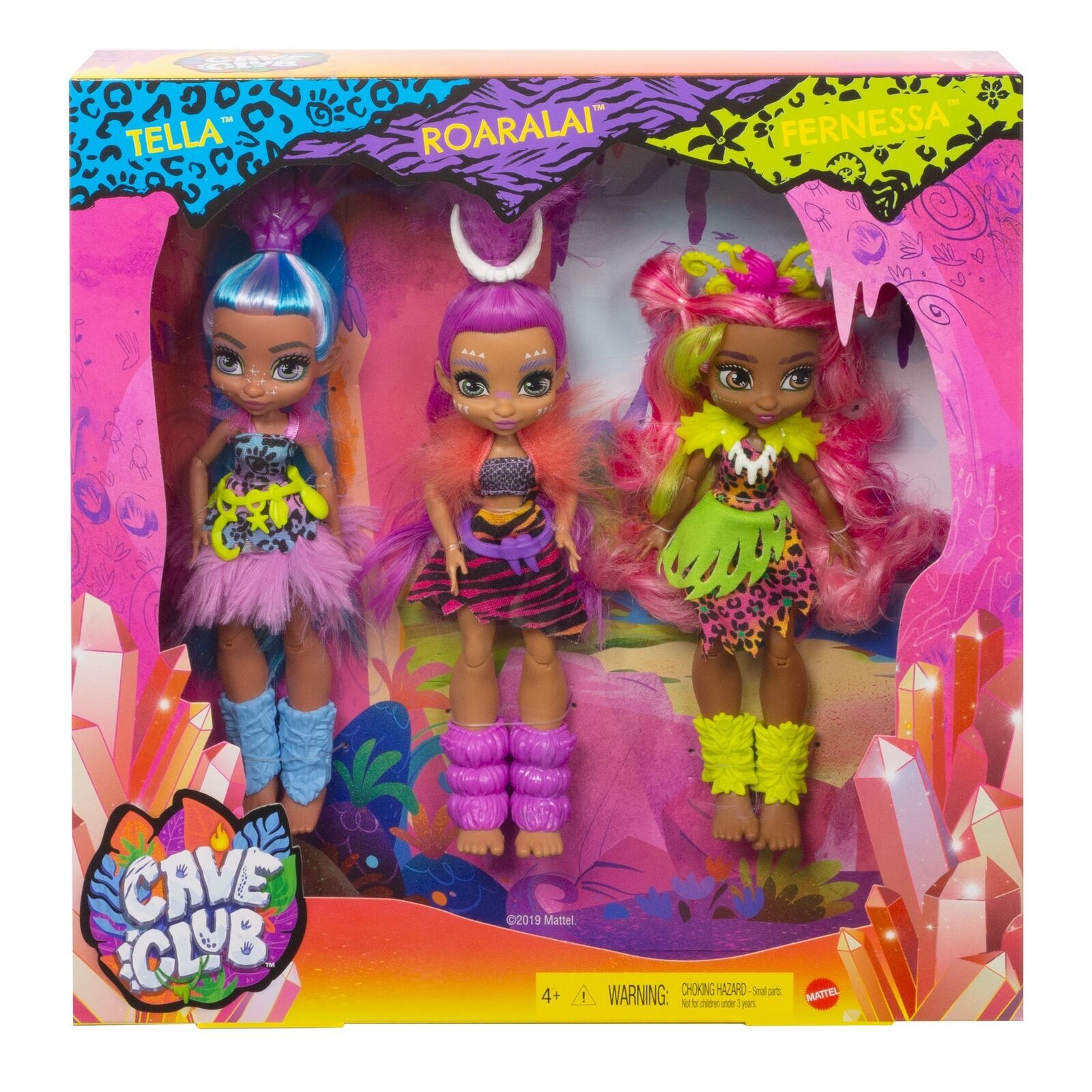Cave Club Doll 3-Pack, 10 inch Poseable Prehistoric Fashion Dolls with Neon Hair