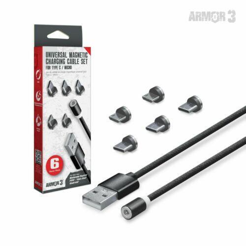 Armor3 M07476-BK Universal Magnetic Charging Cable Set for Type C/Micro for Nintendo Switch®/PS4®/Xbox One®/ANDroid® (6 Pieces) (Black) videogame